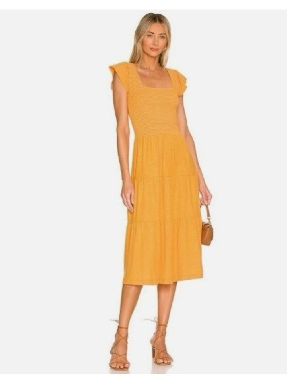 Nation LTD Josie Smocked Square Neck Cap Sleeve Tiered Midi Dress Yellow M